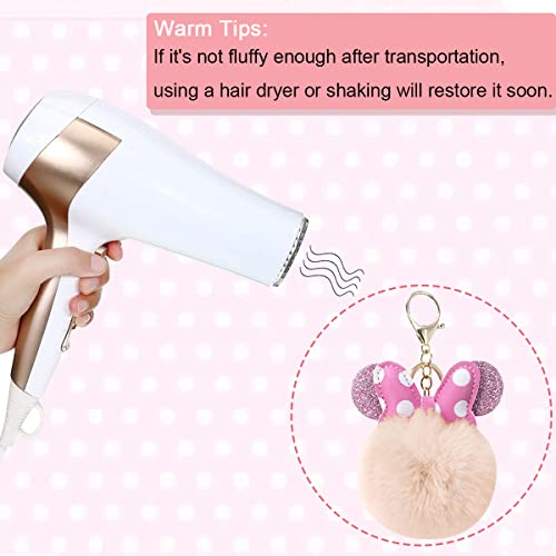 Sunwel Fashion Cute Pom Pom Keychain- Mouse Ears & Polka-Dot Bow Fluffy Fur Ball Keyring Charm Handbag Pendant (Beige/Pink) #TOP5