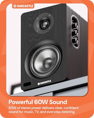 Oakcastle BK100 Active Bookshelf Speakers | 2.0 Stereo System | 60W Output | Bluetooth 5.4, USB Playback | AUX, HDMI ARC, Optical | Gaming Speakers for PC Desktop (Black) - Image 3