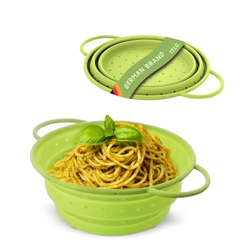 Coolinato Colador plegable de silicona, ahorra espacio, fácil de limpiar y apto para el lavavajillas, verde, 24 cm