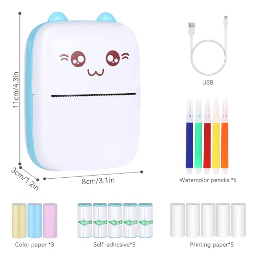 Fivtsme Handy Fotodrucker, Mini Drucker, Wireless BT Thermodrucker, Quittungspapierdrucker mit USB-Kabel 14 Rollen Thermopapier Unterstützung für Android iOS Smartphone Windows