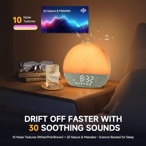 Image of Geuuap Sunrise Alarm Clock White Noise Machine with Bluetooth Speaker,Green | 30 Soothing Sounds, 17 Dimmable lights, Simulated Sunrise, Backup Battery Memory, Auto-off Sleep Timer, Screen-Free Design
