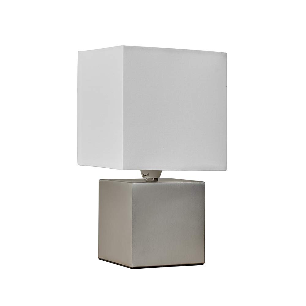 MiniSun | Modern Brushed Chrome Cube Design Touch Table Lamp with a White Fabric Light Shade | Table Lamps, Home Décor & Improvement Essential