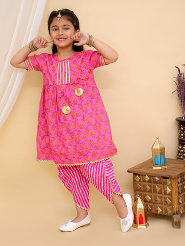 Image of superminis Cotton Blend Baby Girl's Jaipuri Print Frock Style Kurti With Frill Sleeves And Dhoti Style Salwar With Elastic Closure Ethnic Dress Clothing Set