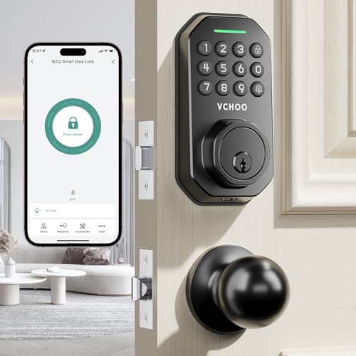 VCHOO Keyless Entry Door Lock Set Smart Locks for Front Keypad Deadbolt with 2 Knobs Auto Lock One Time Password Easy Installation Anti Peeping Password IP54, Black