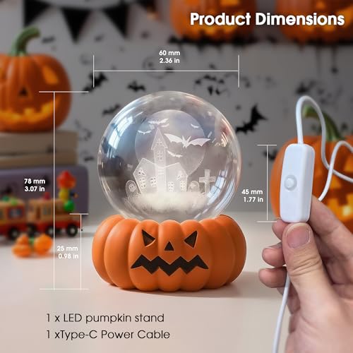 Image of L LOHAS LED 3D Crystal Ball Night Light-Laser Engraved Haunted House Bat | Pumpkin Base, Cute & Funny Halloween Night Light for Kids, 3000K Warm White for Halloween Party Decor