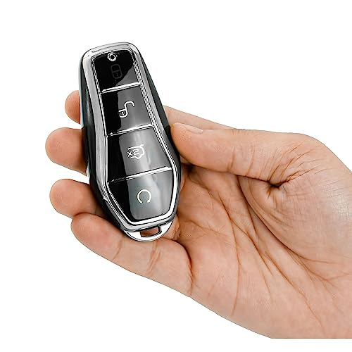 Image of KMH TPU Car Smart Key Cover Compatible for BYD Atto-3 4 Push Button Smart Key Shell Case Holder, Key Protector (Black Silver & White) Pack of 2