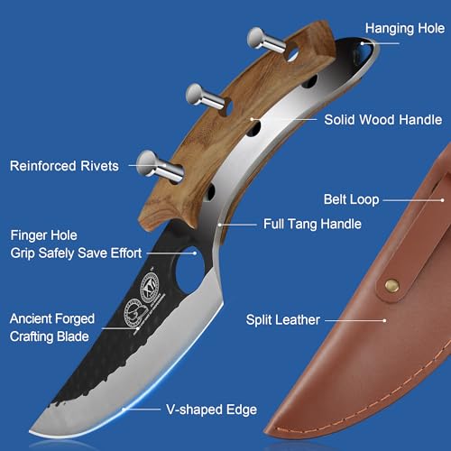 سكين نزع العظم XYJ بطول 6 بوصات من الستانلس ستيل بشفرة كاملة، سكين شيف وسكين صيد مزودة بغمد جلدي، سكين مطبخ خارجية وسكين جزارة للcamping والمطبخ أو الشواء في الهواء الطلق