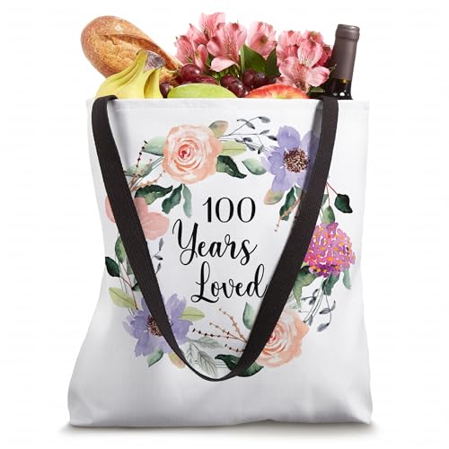 Bolso tote para mujer con diseño floral y texto '100 Years Loved' para cumpleaños número 100 miniatura 4