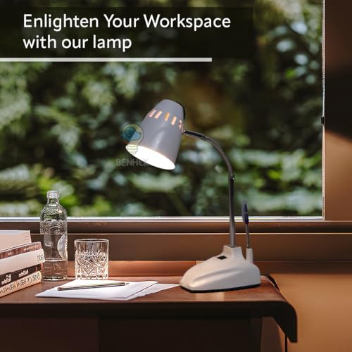 Image of BEHMEK LED Desk Lamp for Study Table | Adjustable Metal Reading Lamp with Flexible Neck | Eye Care Table Light for Students, Bedroom, Office & Work Desk (White)