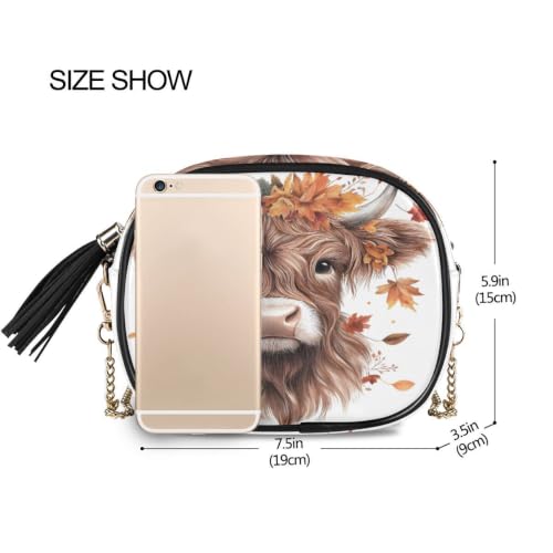 Image of ALAZA Women's Highland Cow Fall Leaves PU Leather Crossbody Bag Shoulder Purse with Tassel