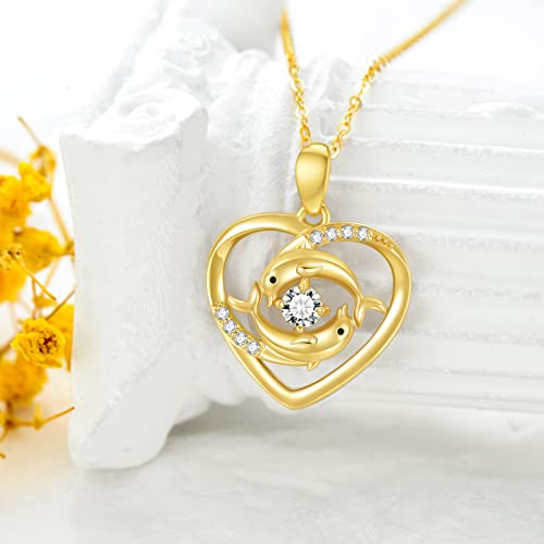 SISGEM 14K Real Gold Heart Love Knot Necklace for Women,Yellow Gold Created Moissanite Dolphins Pendant Necklaces, Anniversary Birthday Gifts for Mom Wife 16''-18''3