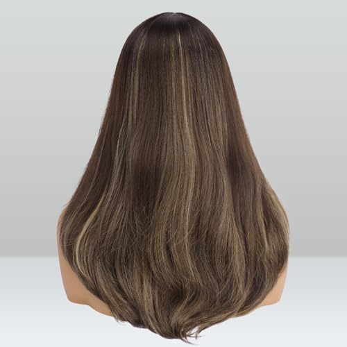 Image of FESHFEN Wigs with Bangs, Synthetic Natural Looking Ombre Brown Blonde Long Layered Straight Hair Wig for Women Daily Party Use, 18 inch