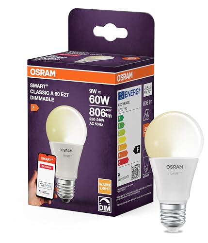 OSRAM Lampada LED SMART A60, forma lampadina E27, 9W ZigBee 3.0, dimmerabile 2700K bianco caldo, controllo tramite app, Alexa, Google Assistant
