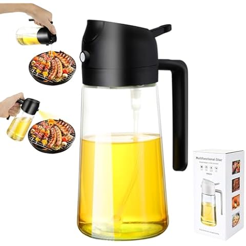 LAKUMIQI Kitchen Upgraded Made 2 in 1 Oil Dispenser Glass Oil Sprayer Kitchen Cooking, 470ml g 16oz Evermore Olive Oil Dispensing Sprayer Pour, Reciprocal 2 way Two in One Oil Bottles Cover