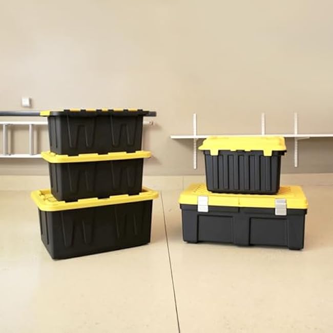 HOMZ 2-Pack Durabilt, Heavy Duty Plastic Storage Bins with Lids, 15 Gallon, Black/Yellow - Stackable Container Boxes for Home, Attic, and Garage Organization