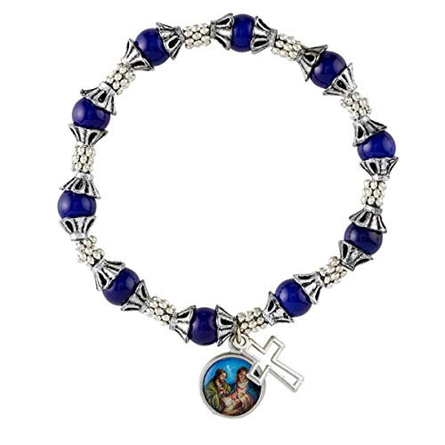 Needzo Peace on Earth Silver Toned and Blue Bead Rosary Bracelet with Nativity and Cross Charms