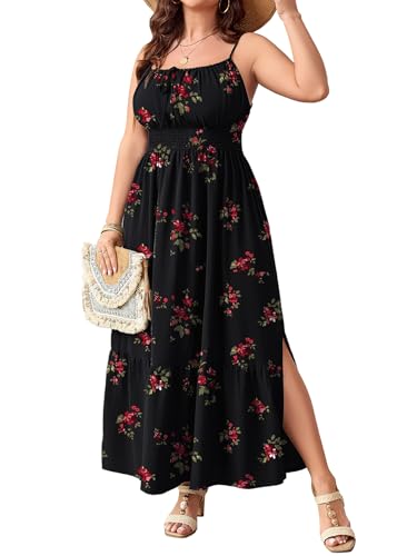 Image of SCOMCHIC Plus Size Summer Boho Dresses Spaghetti Strap Sleeveless Casual Sundress Smocked Flowy Slit Beach Maxi Dress