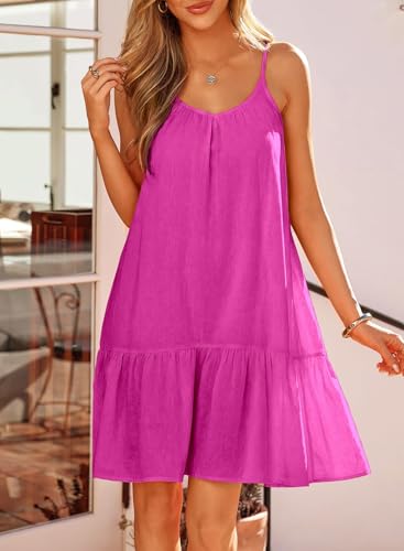 Image of Dokotoo Summer Dresses for Women 2026 Spaghetti Strap Sexy Deep V Neck Smocked Ruffle Flowy Boho Dresses