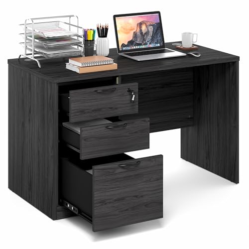 Image of Furinno Roger 47 Inch Executive Desk with File Cabinet, Home Office Desk with 3-Drawer Fixed Pedestal Filing Cabinet, Desk Cord Grommet, for Home Office, Coastal Grey