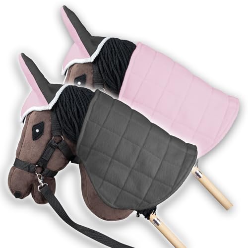 SKIPPI Manta y Orejeras para Caballo Hobby Horse – Rosa y Gris, Hobby Horse Accesorios, Manta Reversible y Orejeras Antimoscas para Caballo de Palo, Hobby Horsing