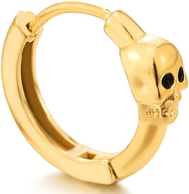 Mens Women Gold Skull Hoop Earrings, Stainless Steel Huggie Hoops, Gothic Punk Style Jewelry - Image 3