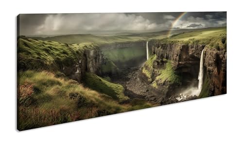 Cuadro panorámico de cascada de Escocia 80 x 40 cm como lienzo, diseño listo enmarcado en marco de madera auténtica, impresión digital de alta calidad con marco