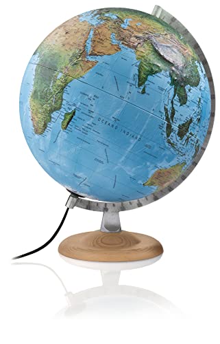 Preisvergleich Produktbild R4 silver: R4 silver - Globus mit 3-D-Oberfläche: 3-D-Doppelbild-Leuchtglobus 30 cm, silberfarb. Metallmeridian, Fuß Buche natur (Globus 3D-Oberfläche)