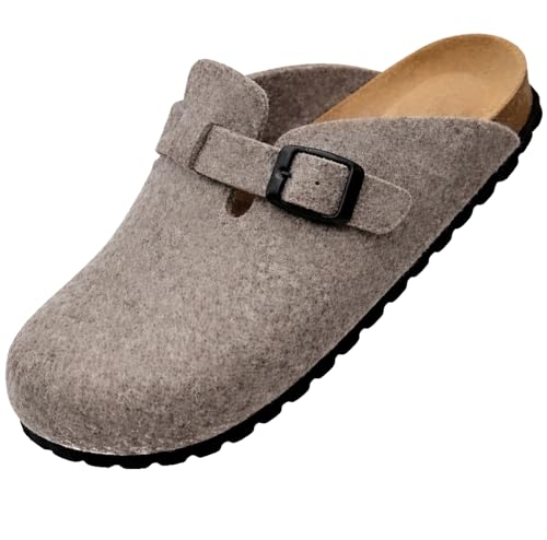 GONKOS®, ullfiltträskor, anatomisk innersula gjord av äkta läder och naturkork, jungfrulig ull, tofflor av filt för kvinnor och män, tofflor Mules Slip On, hög kvalitet tillverkad i Spanien, kakao 45