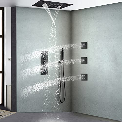 Dulabrahe Oil Rubbed Bronze Thermostatic Rain Shower Faucet System 14 X 20 Inch Led Waterfall Rainfall Shower Head Bathroom Mixer Set Body Sprayer Jet All Functions Can Work Together #TOP6