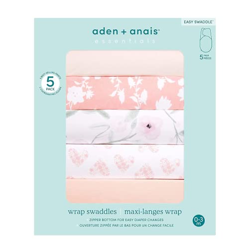 Image of aden + anais Essentials Easy Swaddle Wrap Quick Change with Bottom Zipper, Snug Cotton Knit Baby Wrap Swaddle Blanket for Newborns, TOG 1.0, 5 Pack, Feminine Florals, 0-3 Months, Small /Medium