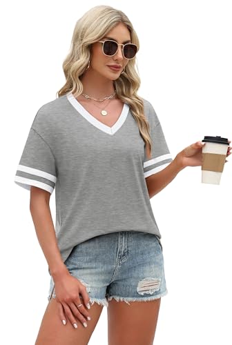 Image of WIHOLL Womens T Shirts Loose Fit Short Sleeve Tees V Neck Color Block Summer Tops 2026 Fashion S-4XL
