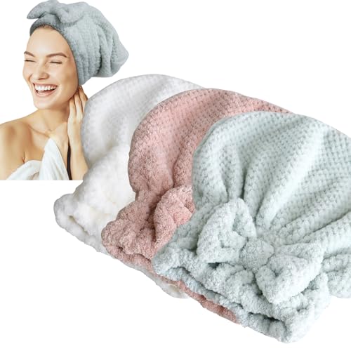 Jseng 3PC Microfiber Hair Towel Caps, Extrame Soft & Ultra Absorbent, Fast Drying Hair Drying Caps Towel Turban Wrap for Wet Hair Women