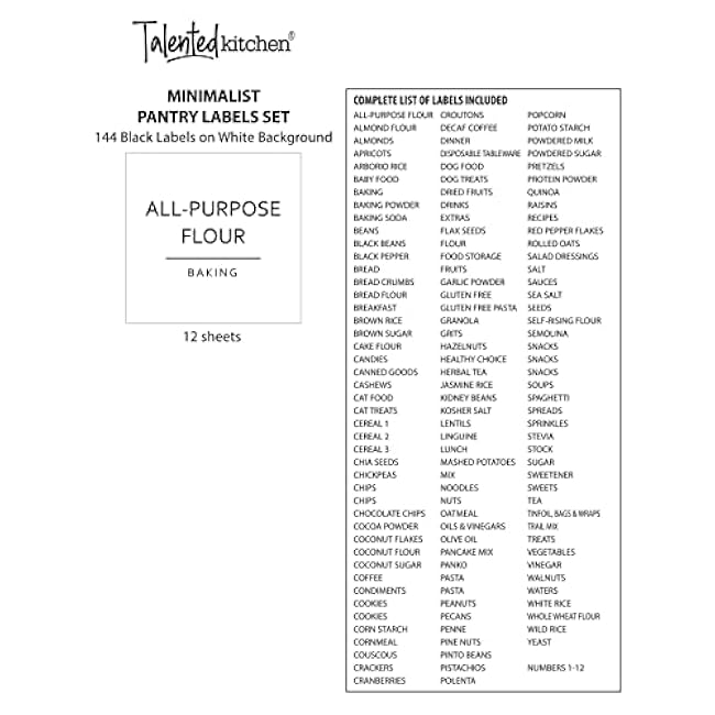Talented Kitchen Pantry Labels for Containers - 144 Matte Vinyl Stickers, 2.5 x 2.5 in, Black on White, Water Resistant - Food Labels & Ingredient Stickers for Spice Jars & Baking Organization