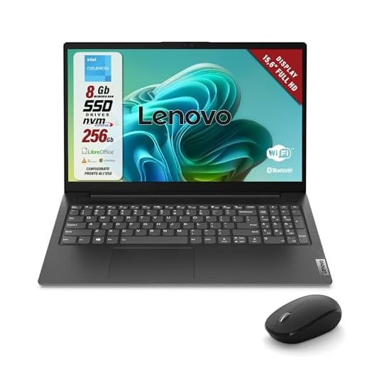 Lenovo, Pc Portatile Notebook, Display FHD da 15,6", CPU Intel N4500, Ram 8Gb, SSD 256Gb, Computer Portatile con Libre, W11 e Mouse Wireless