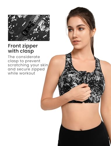 Image of Yvette Zip Front Sports Bra - High Impact Sports Bras for Women Plus Size Workout Fitness Running,Black Flower,L Plus