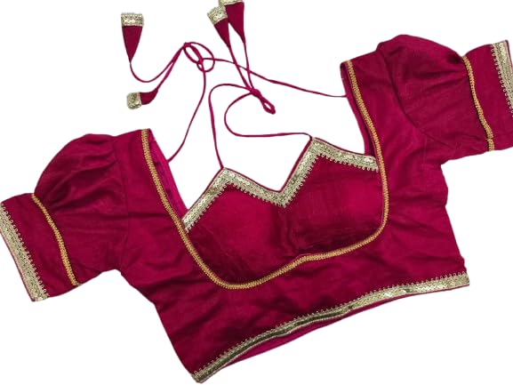 Vichitra Silk Masaba Puff Sleeve Padded Blouse with Lace Work, Gold Border, Elegant &Traditional Blouse for Women & Girls,-picture-56