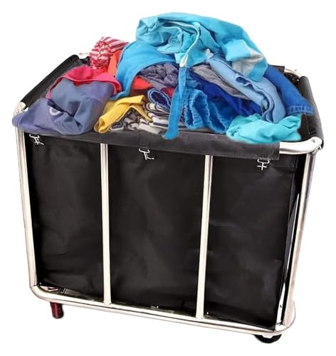 Chariot à linge noir robuste avec grand sac amovible en toile pour trier les vêtements
