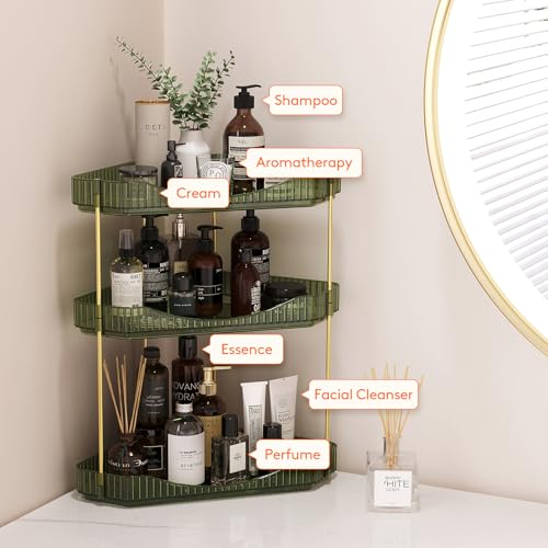 Image of Lifewit 3-Tier Corner Bathroom Counter Organizer, Plastic Makeup Skincare Organizers Storage Countertop, Large Sink Cosmetic Perfume Shelf for Bedroom, Dresser, Kitchen, Vanity, Green, 39 cm /15inch(H)