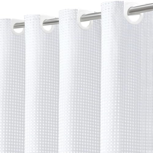 Inhousolu No Hook Shower Curtain with Removable Snap-in Liner, Waffle Weave 230 GSM Polyester, Weighted Hem, Water Repellent Washable, 72 x 78 Inch, White