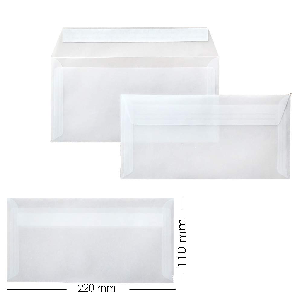 Buste DIN lunghe, 110 x 220 mm, 120 g, linguetta dritta con adesivo, ideali per compleanno, Natale, 200 x 60 cm, trasparenti