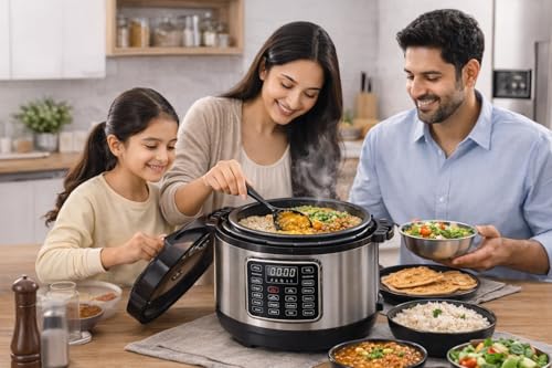 Image of Electric Pressure Cooker 6L (5.5 L), 10-in-1 Multi Function Smart Cooker with Digital Touch Panel, Stainless Steel Body, 1000W | Rice, Dal, Curry, Soup, Slow Cook | Safe & Energy Efficient