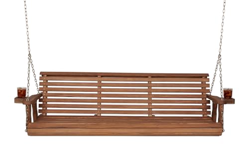 Image of Amish Casual Heavy Duty 700 Lb Capacity Porch Swing with Cupholders (6 Foot, Oak Stain) - Wooden Outdoor Roll Back Swing with Hanging Chains - Amish Made in the USA