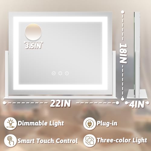 Image of ROLOVE Vanity Mirror with Lights 22 inchx18 inch, Lighted Makeup Mirror with 10X Magnification, Smart Touch 3 Colors Dimmable, 360 Rotation, Women Gift, Dresser Mount, Bathroom (White)