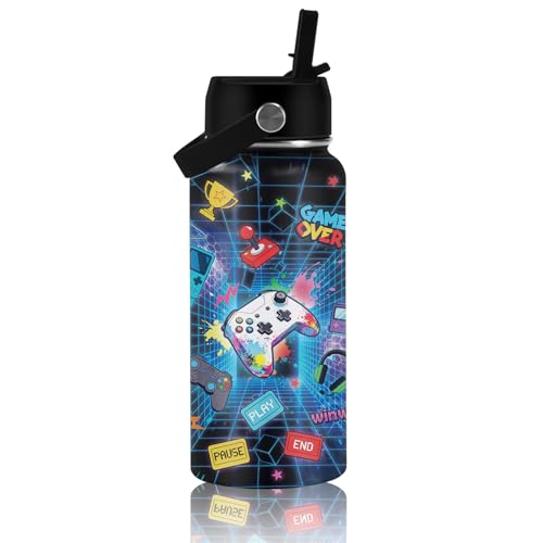 Gaming Gifts for Boy Girls, 32oz Gamepad Water Bottle with Straw Lid - Stainless Steel Insulated Water Bottles, BPA-free Leakproof Reusable Kids Sports Waters Bottle for School, Gift Cup for Teens