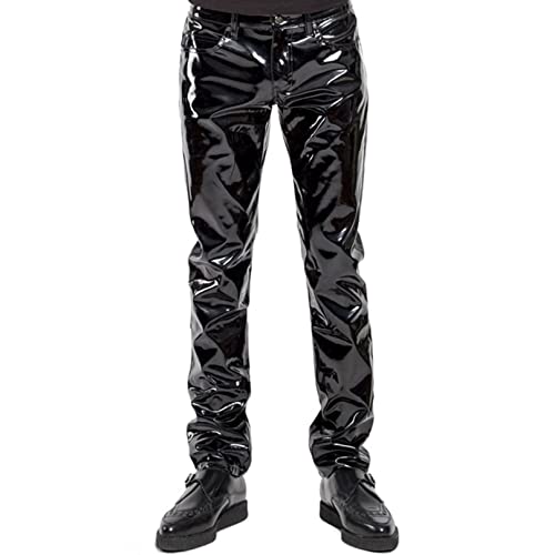 Agoky Herren Motorrad Lederhose schwarz Lange Hose Leggings Slim fit Strech Pants Wetlook Männer Glanz Clubwear M-XL Schwarz D M