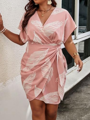 WDIRARA Women's Plus Size Tropical Print V Neck Short Sleeve Wrap Tie Side Boho Dress4