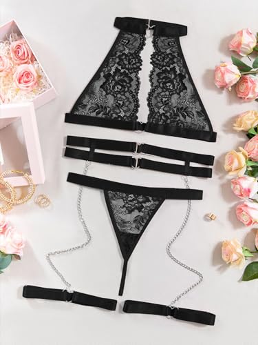Image of Foxiny Sexy Halter Heart Ring Cutout Chain Floral Lace Sheer Garter Belt Lingerie Set 3 Piece