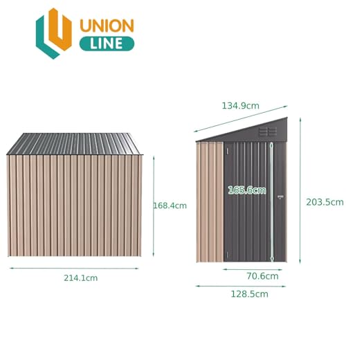UNIONLINE 4x7 ft Lean to Storage Metal Shed | Garden Tool | 214x130m x203cm | Waterproof | 2.6m² 4.6m³ | Lockable Door | Bike Shed for Backyard Patio | Garbage Can | Grey