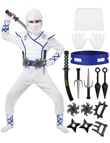 Spooktacular Creations Halloween Ninja Costume, White Ninja Outfit Set for Kids, Halloween Costumes with Accessories for Boys Dress Up and Role Play Party (Small, 5-7 yrs)