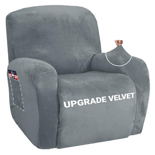 Image of ZNSAYOTX Stretch Velvet Recliner Cover 4-Pieces, Thick Soft Recliner Chair Slipcover with Pocket, Non-Slip Elastic Bottom for Kids Pets, Luxury Plush Reclining Protector Comfy Washable (Light Grey)